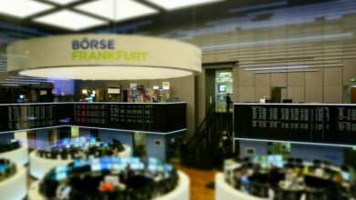 Stock exchange trading floor during a market sell-off
