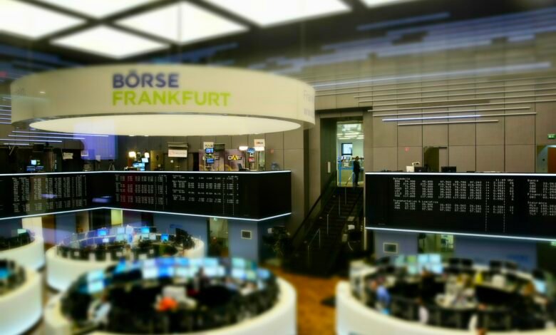 Stock exchange trading floor during a market sell-off